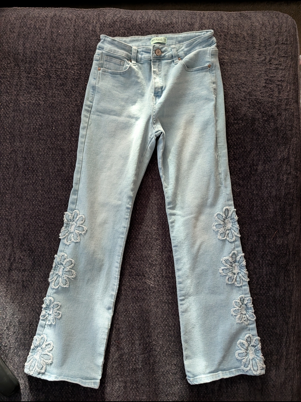 Sky Floral Embroidered Applique Boho Chic Flare Jeans